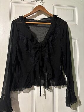 Black Sheer Ruffle Tie-Front Blouse